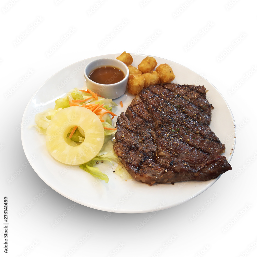 grill beef stake with pineapple salad isolated on white backgroud with clipping path grill beef stake with pineapple salad isolated on white backgroud with clipping path