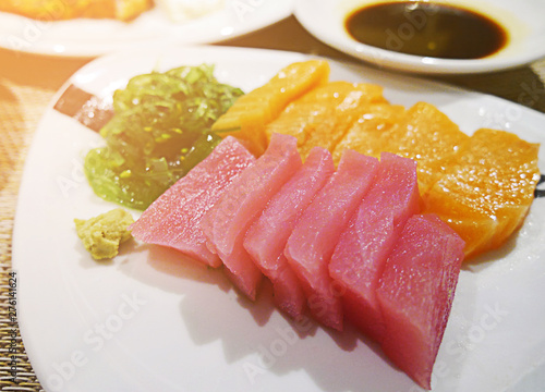 tuna sashimi on white dish
