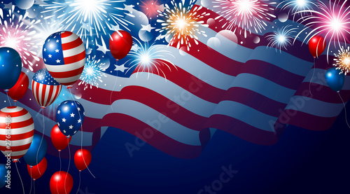 American flag and balloons with fireworks banner for USA 4th of july USA Independence day vector illustration