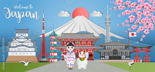Japan landmark travel banner with Himeji castle, Asakuza Sensoji, Sensoji Temple, Itsukushima Shrine, Tokyo Tower, girl in kimono dress, maneki neko, cherry blossom,and fuji mountain. Paper art style