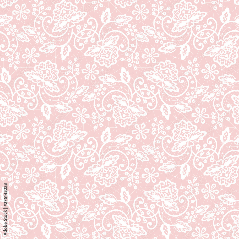 Seamless pink lace background with floral pattern Stock Vector