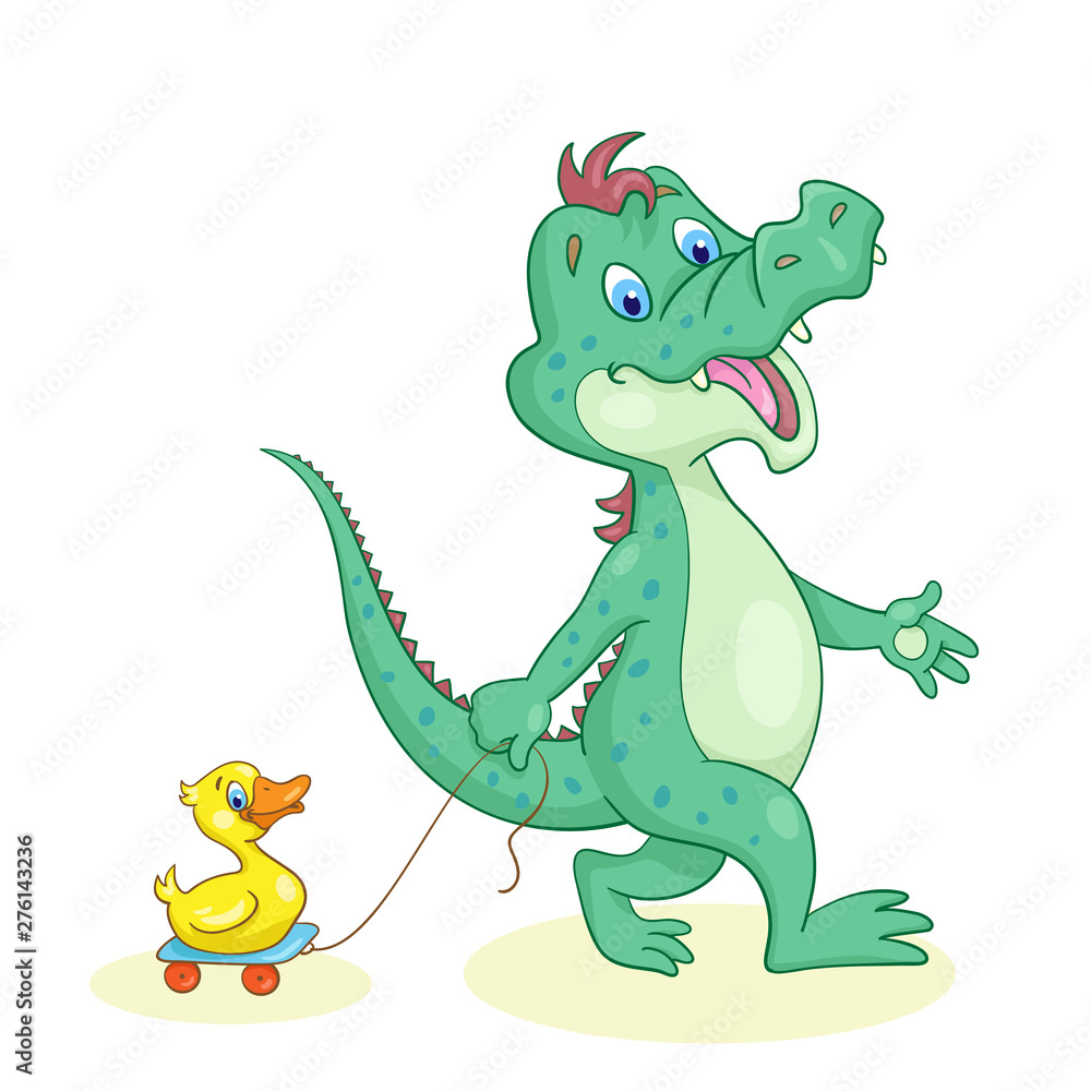 Little fun crocodile goes with a toy duck. In cartoon style. isolated on white background. Little fun crocodile goes with a toy duck. In cartoon style. isolated on white background.