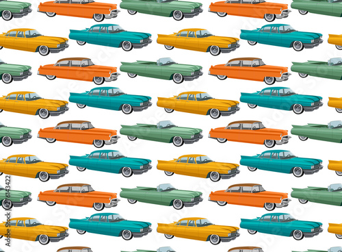 Retro car in 50s style. Seamless pattern