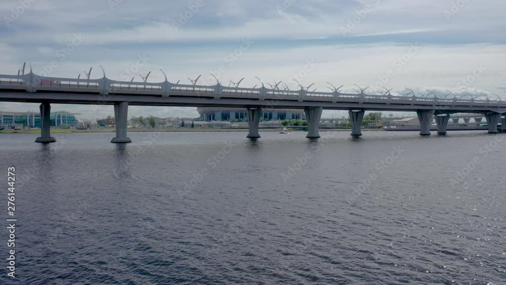Aerial Drone slow tracking Shot of the Western High-Speed Diameter Bridge, Gulf of Finland in Saint Petersburg, Russia Aerial Drone slow tracking Shot of the Western High-Speed Diameter Bridge, Gulf of Finland in Saint Petersburg, Russia