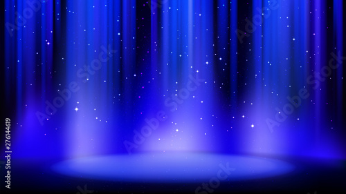 Empty blue scene with dark background, place lit by soft spotlight, shiny sparkling particles. Blue background with soft glow. Vector illustration