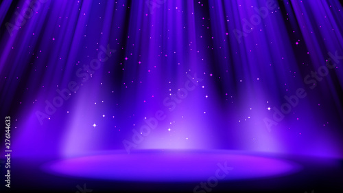 Empty blue purple scene with dark background, place lit by soft indigo spotlight, shiny sparkling particles. Indigo background with soft glow. Vector illustration