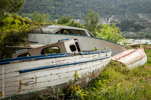 old wooden boat lying in the bushes