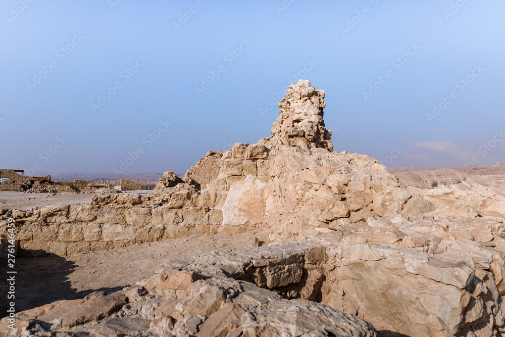 Morning view of the excavation of the ruins of the fortress of Masada, built in 25 BC by King Herod on top of one of the rocks of the Judean desert