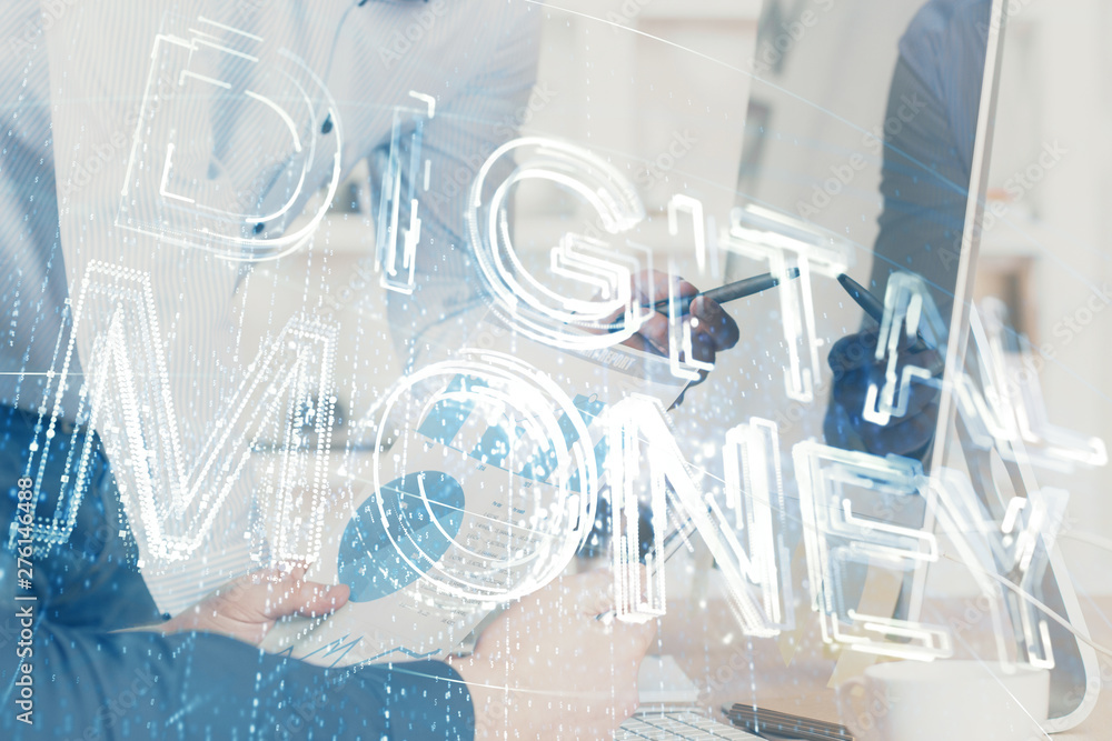 Crypto currency theme hologram with businessman working on computer on background. Concept of blockchain. Multi exposure. Crypto currency theme hologram with businessman working on computer on background. Concept of blockchain. Multi exposure.