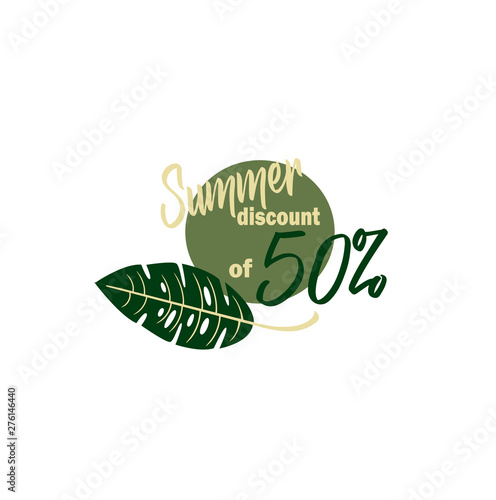 Vector icon - summer big sale 50% of the  leaf monstera. Black Friday - shopping day. Stylish advertising discounts and sales.