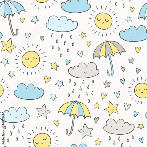 Hand drawn vector pattern with umbrellas, clouds and rain drops. Baby shower doodle seamless background.