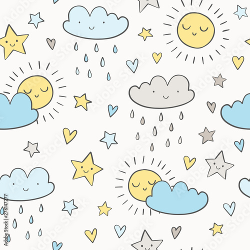 Cute doodle sky vector pattern with smiling sun, clouds, raindrops and stars. Hand drawn weather seamless print. 
