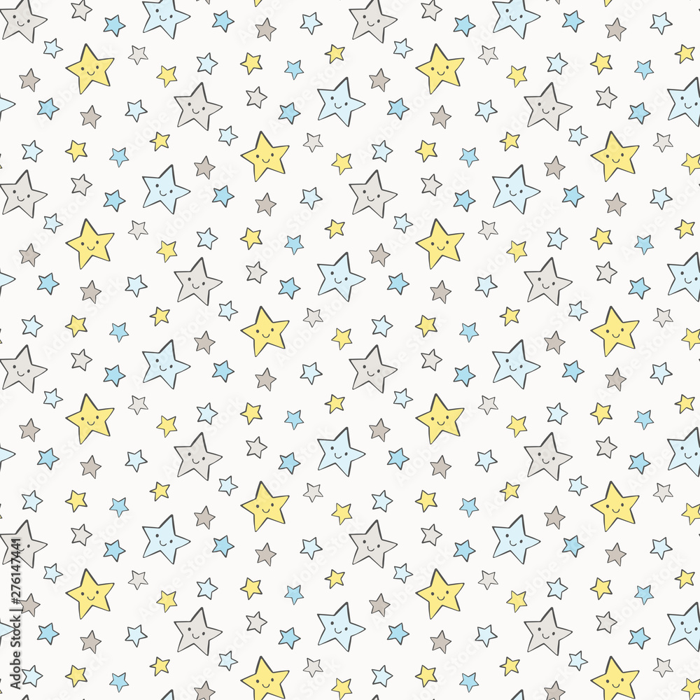 Cute baby star pattern with smiling stars. Vector seamless night sky background in pastel colors. Cute baby star pattern with smiling stars. Vector seamless night sky background in pastel colors.