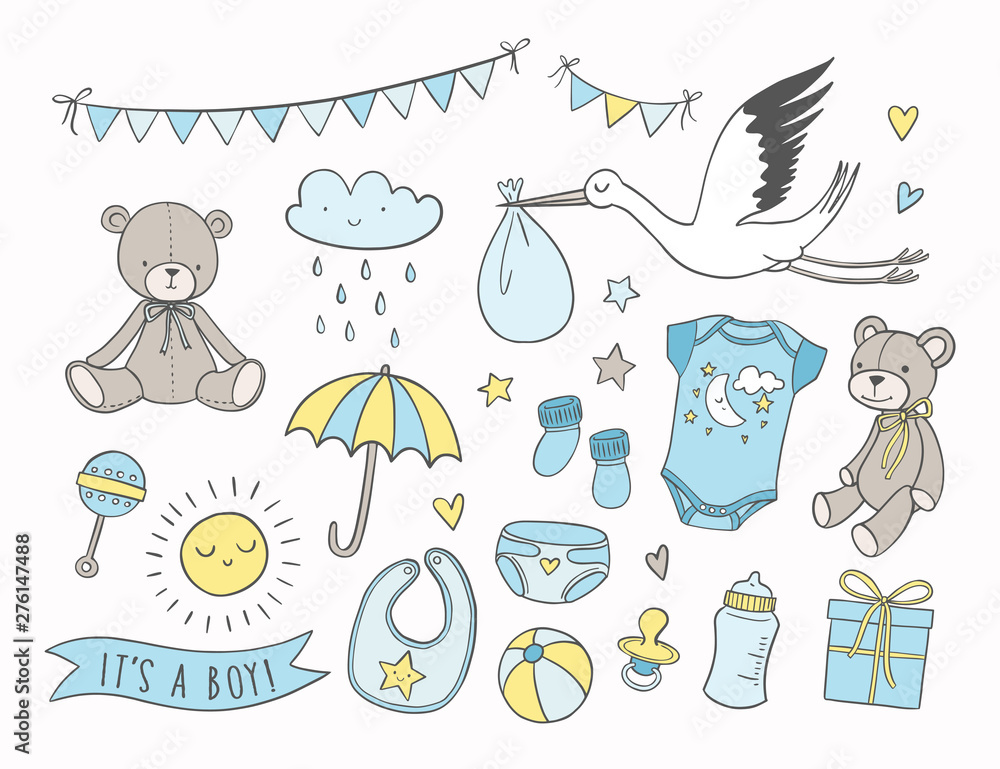 Fototapeta Baby shower vector illustrations set. Hand drawn newborn boy items and elements. Invitations, cards, nursery decor.