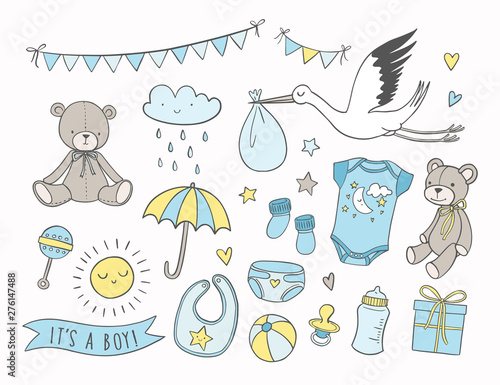 Baby shower vector illustrations set. Hand drawn newborn boy items and elements. Invitations, cards, nursery decor. 
