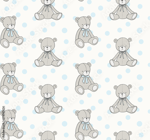 Baby toys pattern. Teddy bear and polka dots vector seamless background in hand drawn doodle style. Baby boy, kids design. 