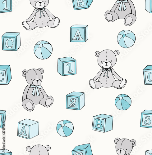 Vector pattern with hand drawn teddy bear, building blocks and balls. Baby toys seamless background in doodle style. Baby boy.
