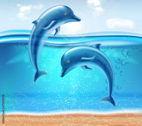 Dolphins jumping Vector realistic. Beautiful couple dolphine sea backgrounds