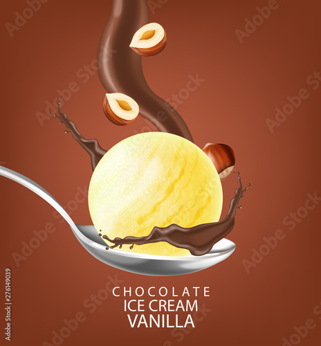 Ice cream ball Vector realistic with chocolate splash. Detailed 3d illustrations