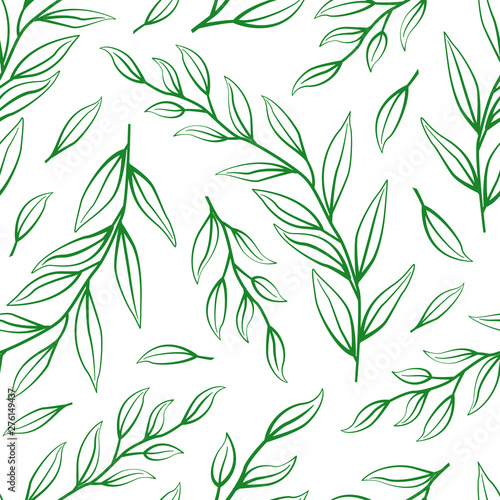 Floral seamless pattern. Green branches silhouettes. Isolated on white. Vector illustration.