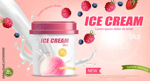 Ice cream bucket Vector realistic mock up. Product placement. Label design ad...