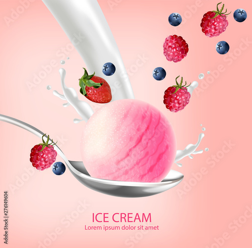 Ice cream ball Vector realistic. Berry fruits flavor Detailed 3d illustrations