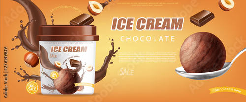 Chocolate ice cream bucket Vector realistic mock up. Product placement. Label design advertise template. Chocolate splash. Detailed 3d illustrations