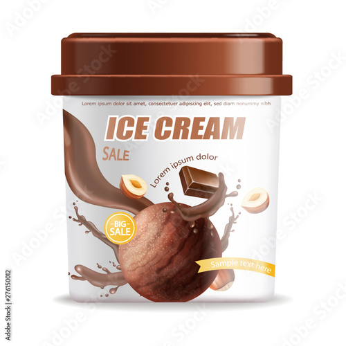 Ice cream bucket isolated Vector realistic. Chocolate flavor Detailed 3d illustrations