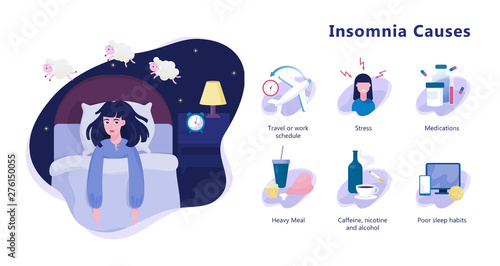 Causes of insomnia infographic. Stress and health problem