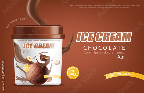 Chocolate ice cream bucket Vector realistic mock up. Product placement. Label design advertise template. Chocolate splash. Detailed 3d illustrations