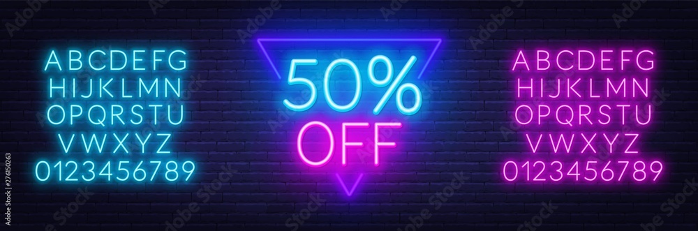 Neon offer template for discount on sale. . Neon blue and pink alphabets with numbers. Neon offer template for discount on sale. . Neon blue and pink alphabets with numbers.
