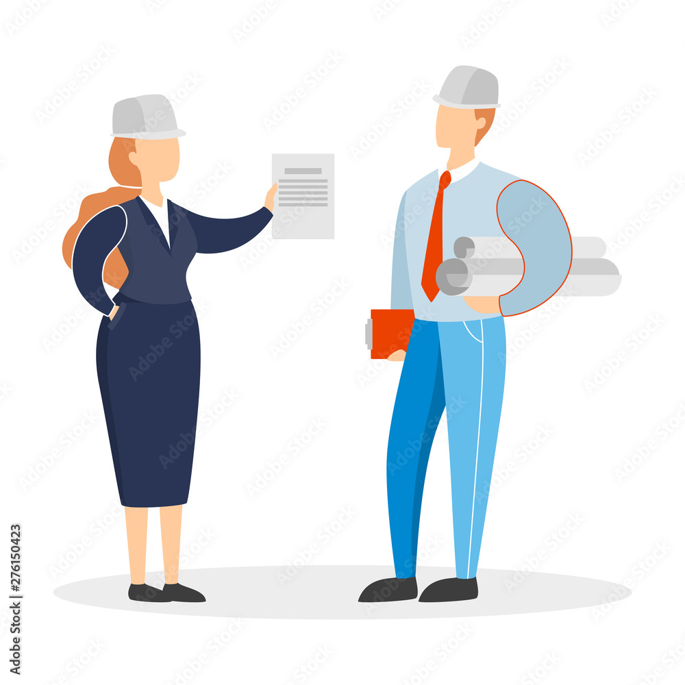 Engineer couple. Female and male character standing in helmet