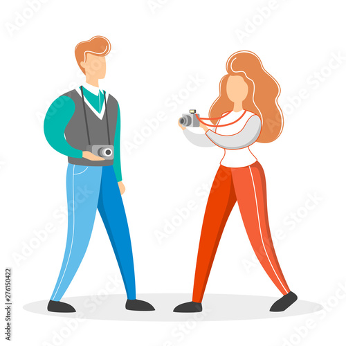 Photographer couple. Female and male character holding