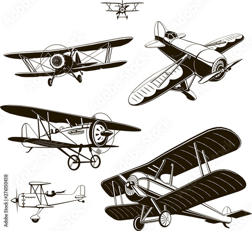 vintage biplanes set vector black old, logo, emblem, label