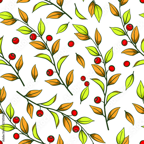 Floral seamless pattern. Vector autumn leaves with branches and red berries. Design for fabrics  wallpapers  textiles  web design. Isolated on white.