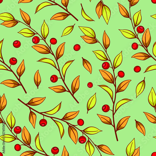 Floral seamless pattern. Vector autumn leaves with branches and red berries on green background. Design for fabrics  wallpapers  textiles  web design.