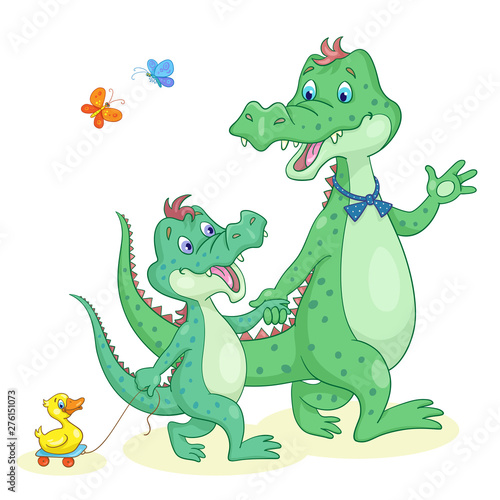 Family of crocodiles. Father and son on a summer walk. In cartoon style. Isolated on white background.