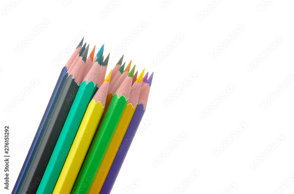 Many color pencils on white isolated background. close-up. stationery. Many color pencils on white isolated background. close-up. stationery.