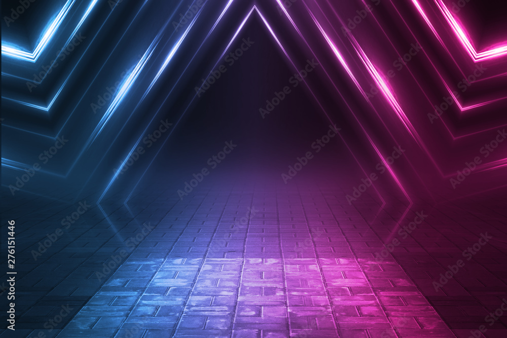 Empty background scene. Dark street reflection on wet asphalt. Rays of neon light in the dark, neon figures, smoke. Background of empty stage show. Abstract dark background. Empty background scene. Dark street reflection on wet asphalt. Rays of neon light in the dark, neon figures, smoke. Background of empty stage show. Abstract dark background.
