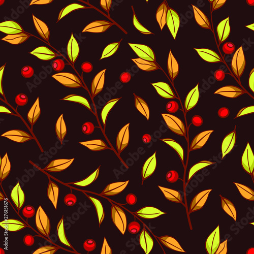 Floral seamless pattern. Vector autumn leaves with branches and red berries on dark brown background. Design for fabrics, wallpapers, textiles, web design.