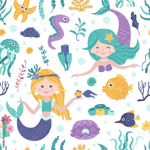 Seamless pattern with cute mermaids  seaweed and fishes