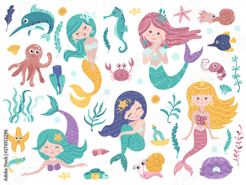 Set of cute mermaids and sea nature.