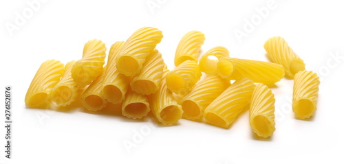 Uncooked short tubes shape pasta also known as tortiglioni or elicoidali isolated on white background