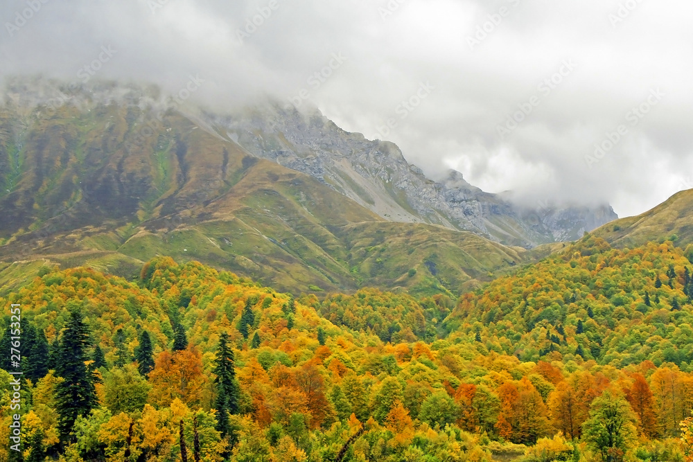 colorful autumn landscape with rocky mountains shrouded in clouds and autumn trees with bright colorful foliage