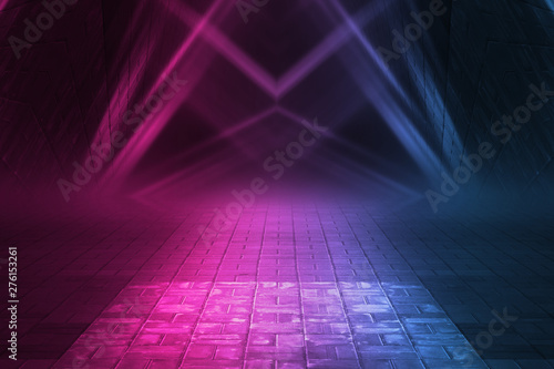 Empty background scene. Dark street reflection on wet asphalt. Rays of neon light in the dark  neon figures  smoke. Background of empty stage show. Abstract dark background.