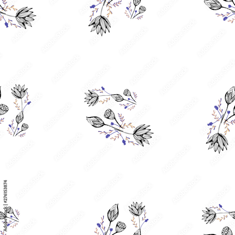 Obraz premium Lotus flower hand drawn in beautiful style. Floral seamless pattern. Simple vector illustration.