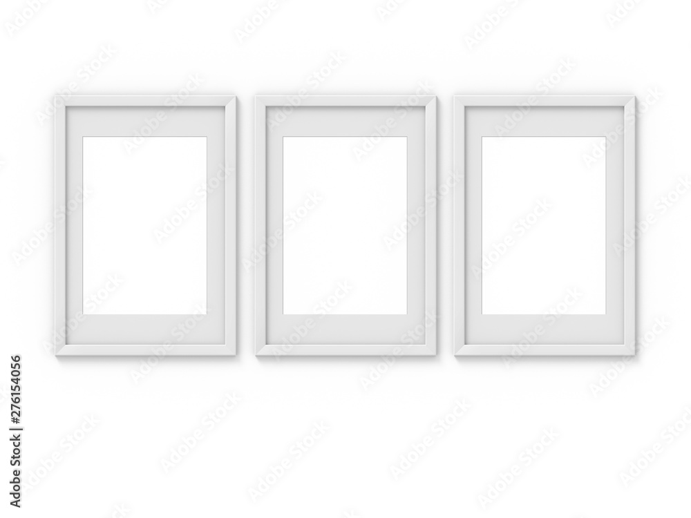 Set of 3 vertical A4 white simple picture frame with a border. Mockup for photography. 3D rendering Set of 3 vertical A4 white simple picture frame with a border. Mockup for photography. 3D rendering