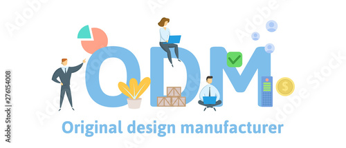 ODM, Original Design Manufacturer. Concept with keywords, letters and icons. Colored flat vector illustration. Isolated on white background.