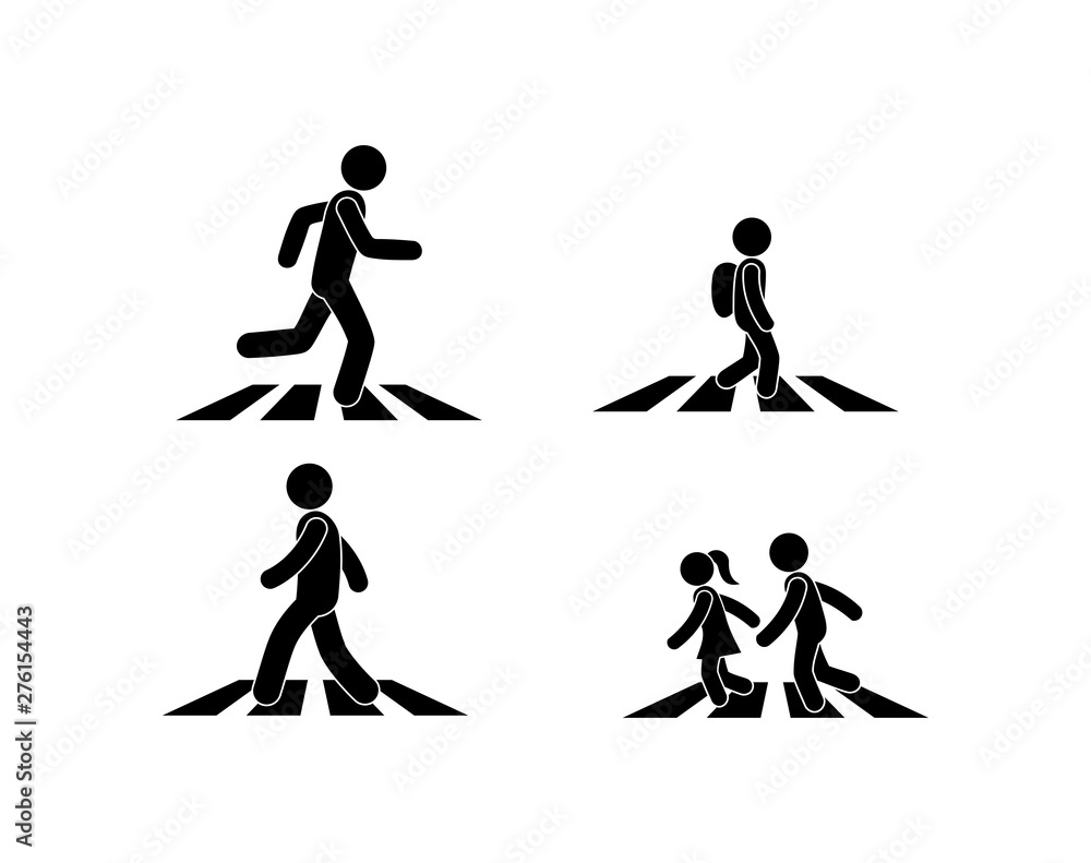 illustration of a crosswalk, the pedestrian is on the zebra, stick figure man icon, children run across the road, set of isolated icons illustration of a crosswalk, the pedestrian is on the zebra, stick figure man icon, children run across the road, set of isolated icons