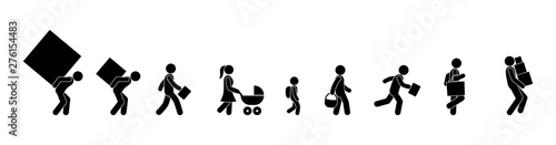 people carry wear, stick figure man icon, pictogram human silhouette, people walk, isolated symbols